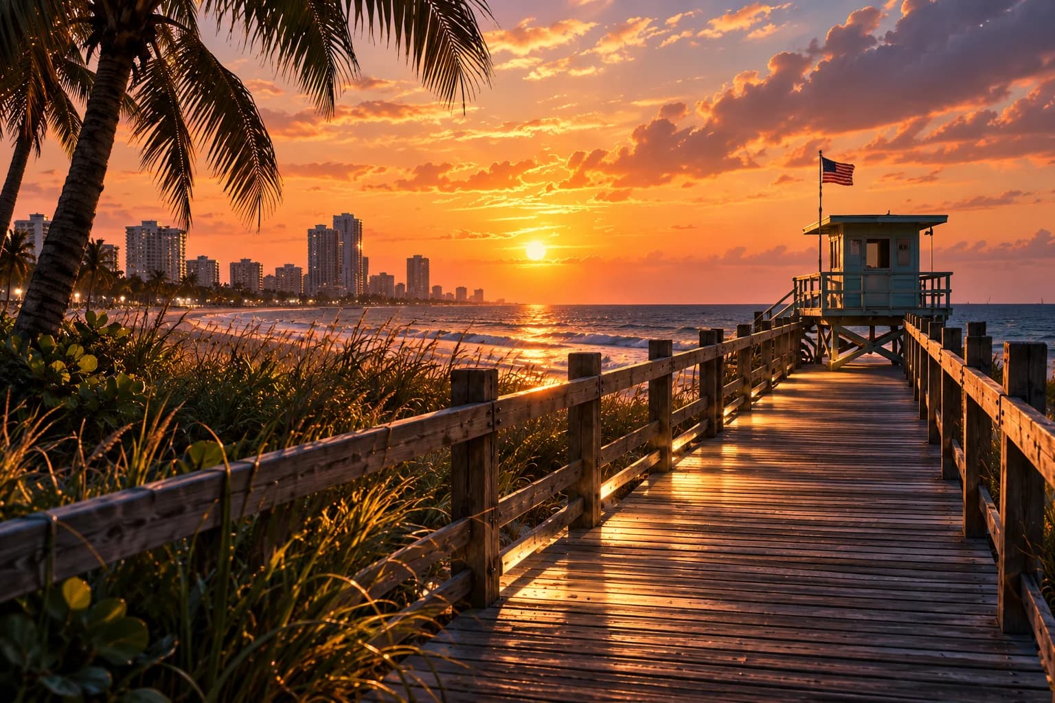 Original illustrative wooden boardwalk and lifeguard tower at sunset
