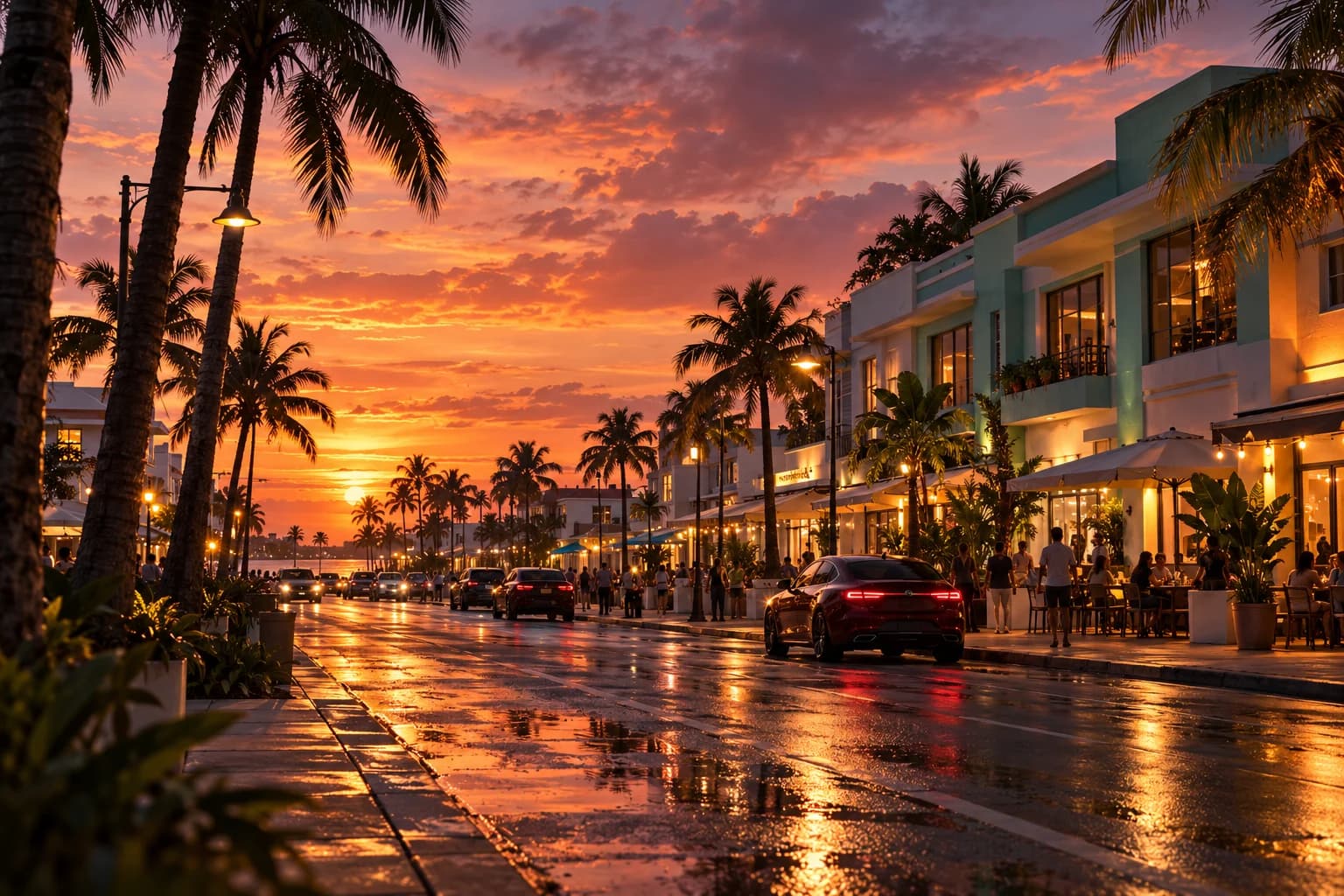 Illustrative pastel coastal town at sunset