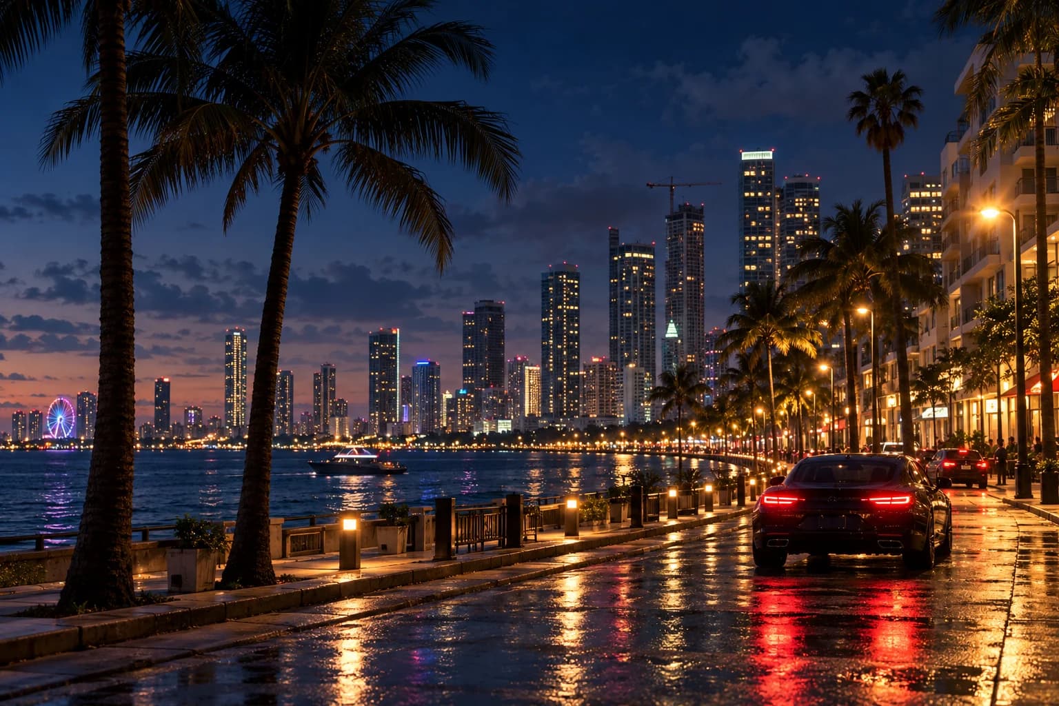 Original illustrative night-time coastal boulevard with palms and city lights