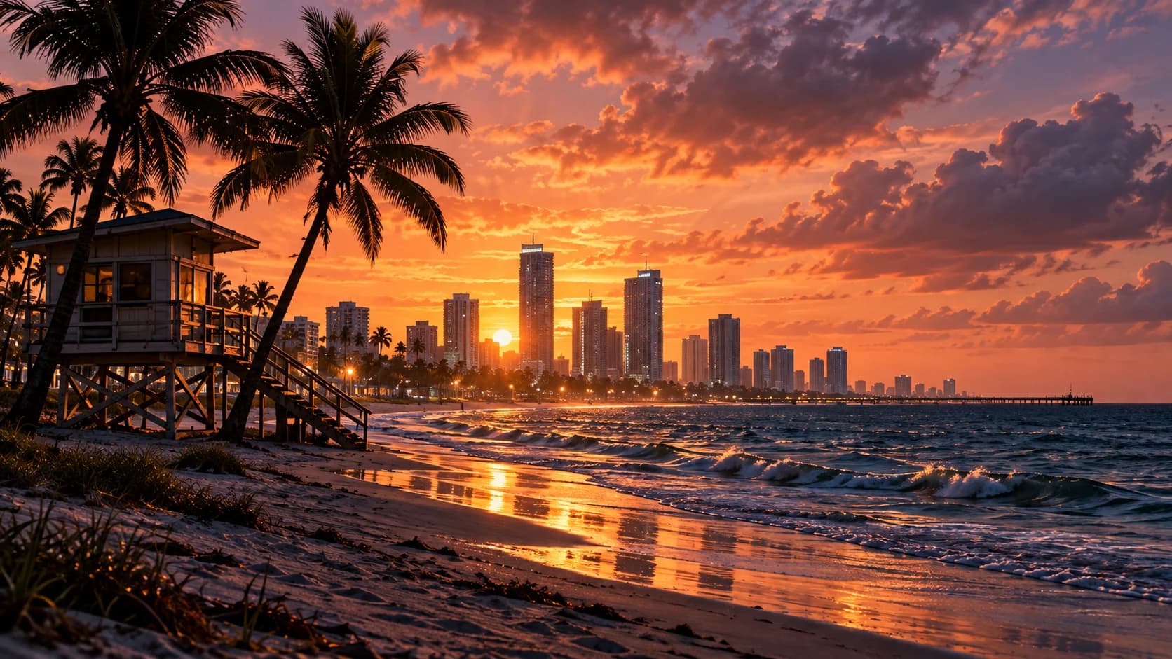Illustrative sunset coastline with palms and a lifeguard tower