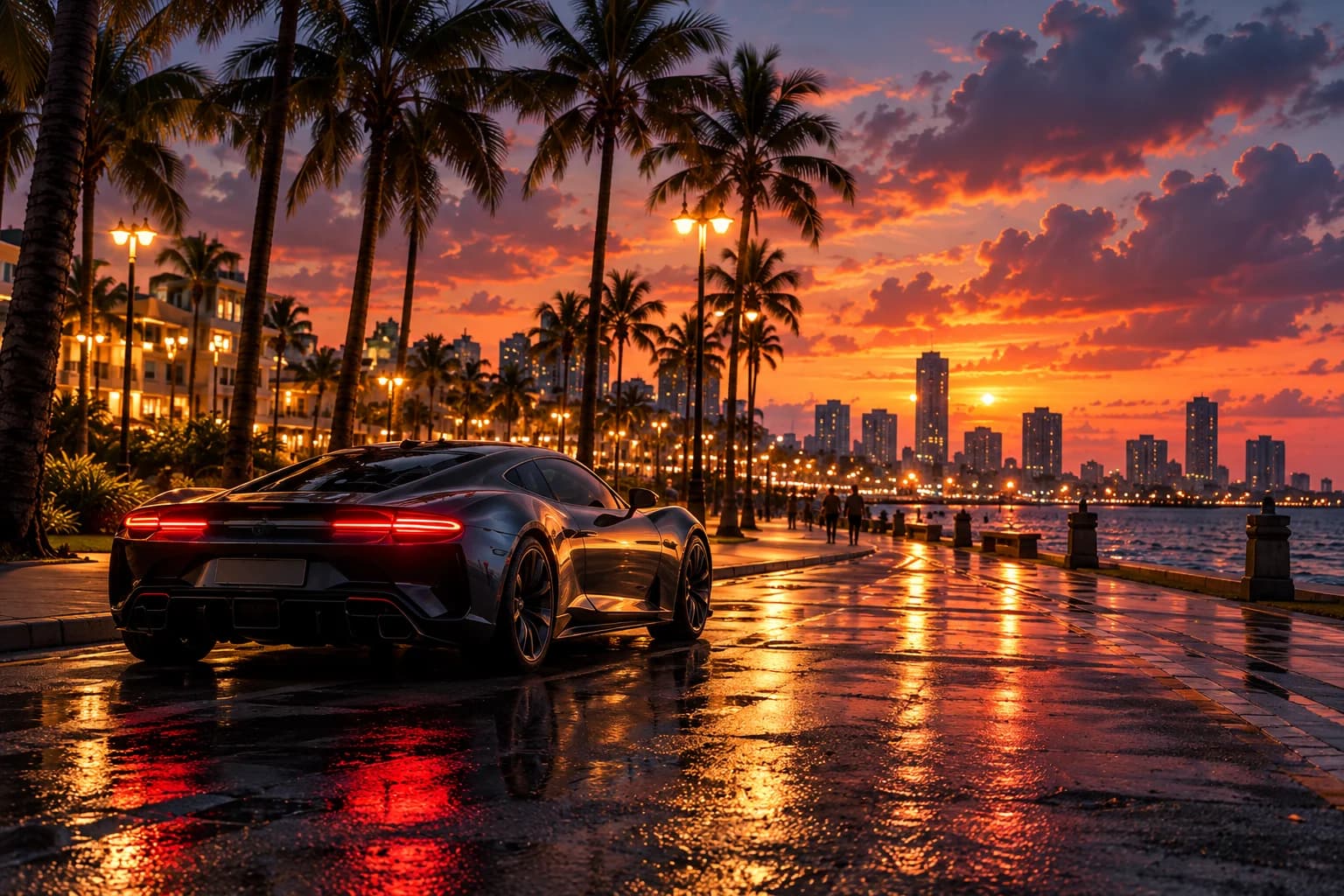 Original illustrative sports coupe on a coastal boulevard at sunset
