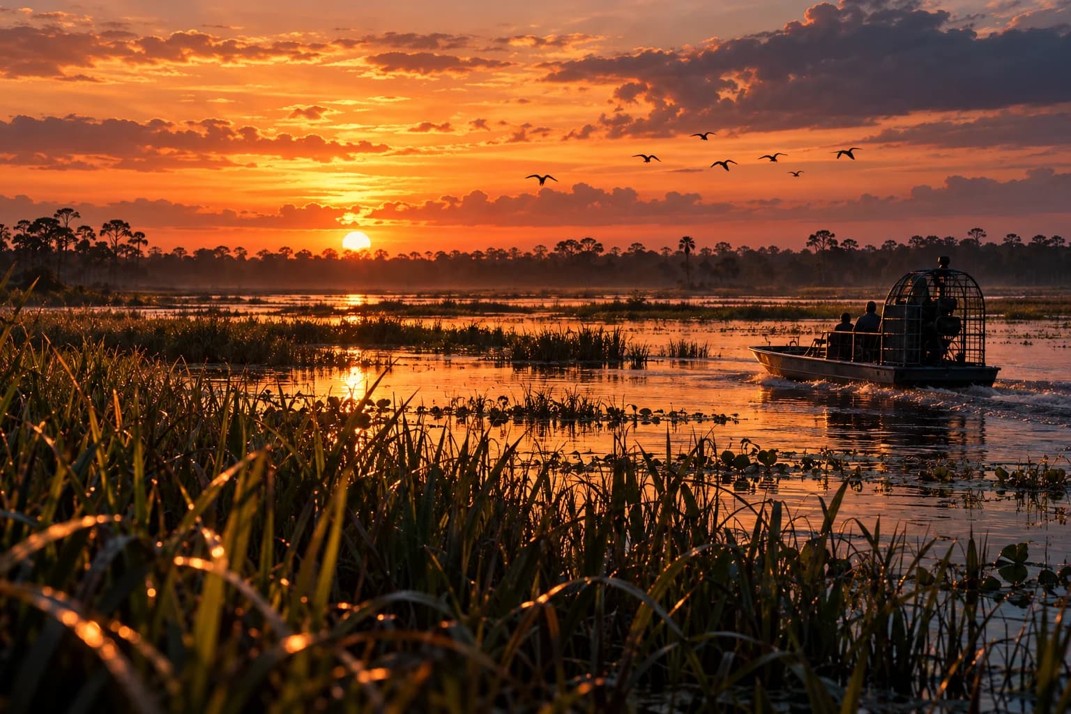 Illustrative golden-hour wetland and airboat